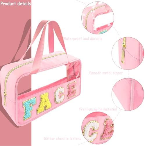 Bunliuys Chenille Letter Clear Makeup Bag Face Patch, Travel Toiletry Makeup Bag with Handle, Nylon Waterproof Makeup Bags clear cosmetic bag, preppy patch makeup bag for Women (FACE-Pink) - Image 3