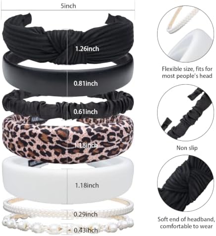 7 Pcs Headbands for Women Girls, Non Slip Cute Pearl Floral Padded Vintage Wide Fashion Multi-style Headbands for Girls (Leopard A) - Image 4