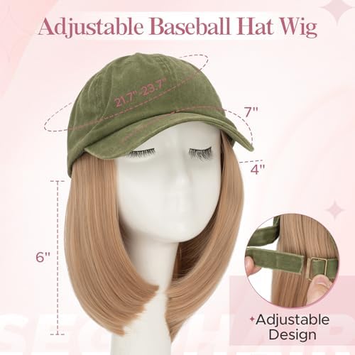 SEGO Unisex Vintage Baseball Cap with Hair Extensions for Women Synthetic Hair Attached Short Straight Hairpiece Olive Green Baseball Cap Wig Adjustable Hat Wigs for Women 6 Inch 18A Light Blonde - Image 3