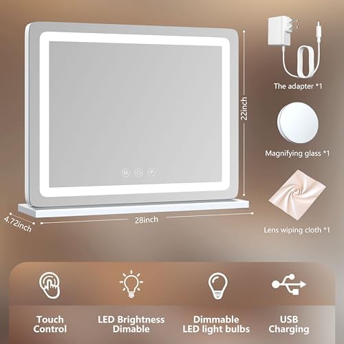 Gvnkvn Makeup Vanity Mirror with USB Charging Port 28" x 22" Large LED Makeup Mirror, Desk Mirorr with Lights, Light up Mirror with 10X Magnification and, Dimmable 3 Modes, Touch Control White - Image 5