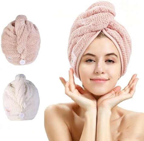 M-bestl 2 Pack Microfiber Hair Towel Wrap with Button,Quick Dry(Pink&Beige) by awesomeOralcareproduct