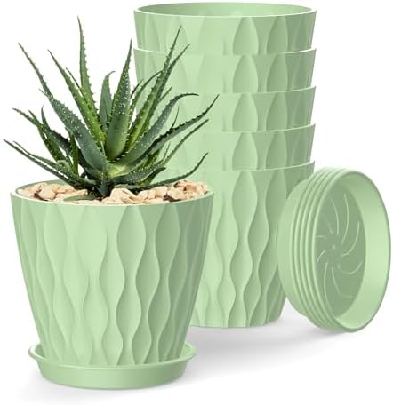 4 Inch Plant Pots, 6 Pack Indoor Flower Pots, Planters with Drainage Holes and Trays for Orchids, Violets, Succulents, Herbs, and Other Plants,Green by SQKH