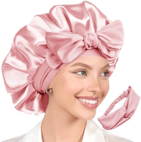 2Pcs Womens Silk Satin Bonnet For Sleeping Hair Bonnets Adjustable Soft Band Silky Sleep Cap Hairs Wrap For Women by WJingYiJia