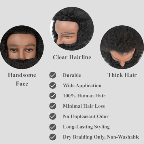 Afro Barber Mannequin Head Male Human Hair with Beard for Hair Styling - Image 5