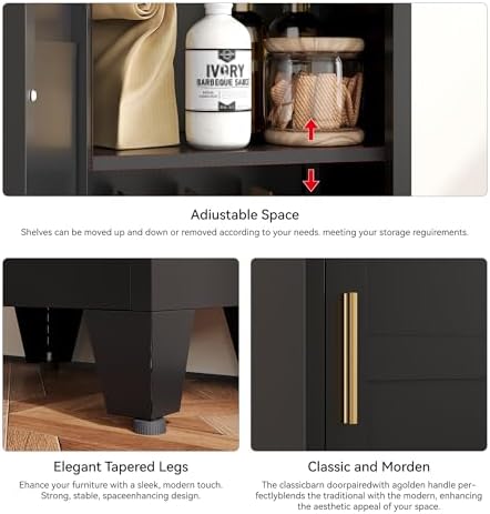 YAUWOH White Narrow Metal Storage Cabinet, Tall Freestanding Cabinet with 4 Adjustable Shelves & Barn Doors, Pantry Organizer for Bathroom Kitchen Home Office Dining Room（1PC,Black） - Image 6