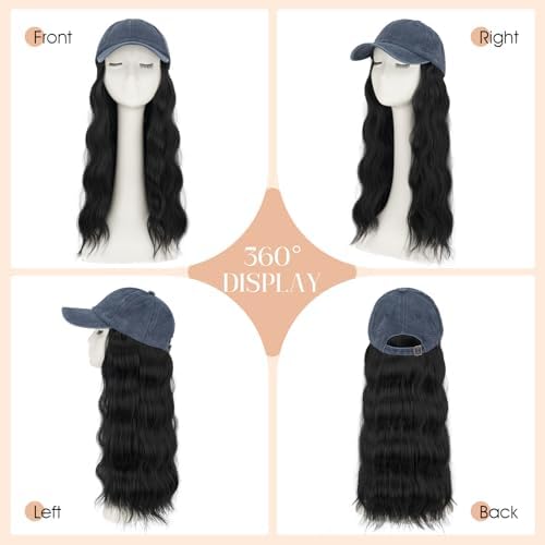 Rich Choices Hat Wigs for Women,Denim Blue Baseball Cap with Hair Extensions for Women,Caps with Wavy Curly Synthetic Long Hair Attached Adjustable Baseball Cap Wig 18 Inch Black Hair - Image 5