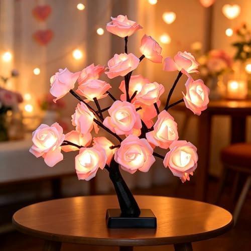 24 LED Pink Rose Tree Light, Artificial Bonsai Flower Table Lamp, USB Battery Powered Romantic Night Light for Bedroom Living Room Party Wedding, Valentine’s Day Mother’s Day for Her by Ypdtacosu