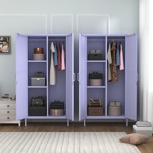 Lockable Metal Armoire Wardrobe Closet, 67 Inch Steel Clothing Storage Cabinet, Hanging Rod and Adjustable Shelves, Purple 2 Door Storage Cabinet for Bedroom Cloak Room Office Gym - Image 2
