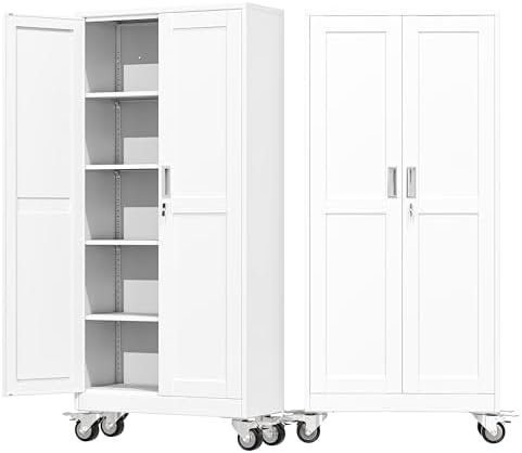 71" Metal Garage Storage Cabinet with Wheels and Locking Doors and Tall Rolling Steel Tool Cabinet with 4 Adjustable Shelves for Garage,Home,Office,Shop (White, 71''H x 30''W x15''D) by AUEYTVR