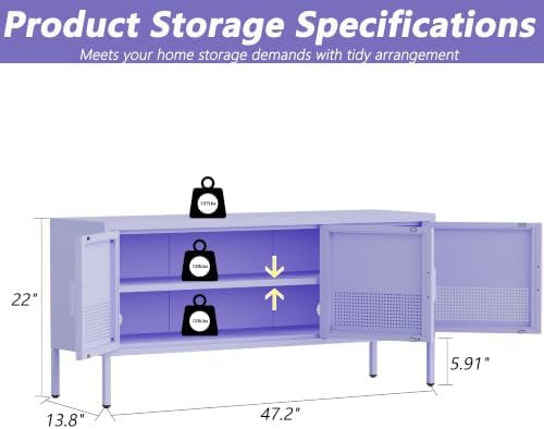Metal TV Stand with 3 Ventilated Door, Short Steel Storage Cabinet with Adjustable Shelf, Low Airflow Steel Media Locker for Small Apartments Home Office Purple 22" H X 35.4" W X 13.8" D - Image 2