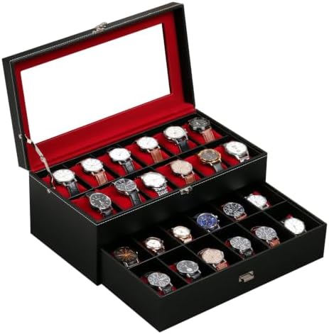 AUTOARK Leather & Velvet 24 Watch Box,Jewelry Display Drawer,Black,MKAW038 by AUTOARK