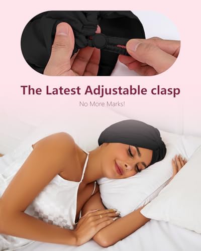 HFRHTGY Adjustable Silk Satin Hair Bonnet for Sleeping, Double Layer Hair Wrap Sleep Cap Turban for Women Men, Curly Straight Braid Unisex (Royal Black) - Image 2