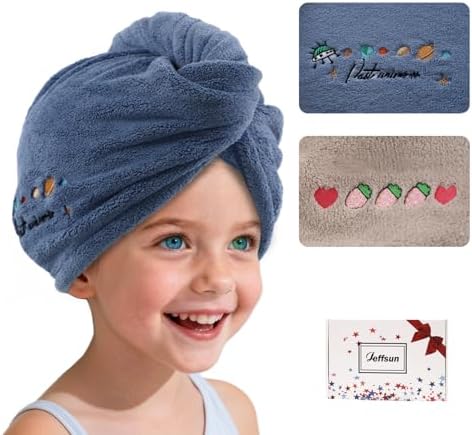 Microfiber Hair Towel Wrap for Women Girls w/ Embroidery,2 Pack, Blue+Khaki by Jeffsun