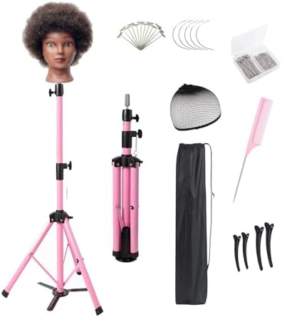 Heavy Duty Head Stand, Reinforced Mannequin Head Stand Tripod, Pink Wig Stand Tripod,Wig Stand for Styling, Adjustable Holder For Wig Making Display (55 inch with pedal) by Unknown