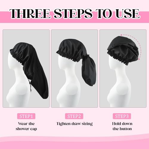 2 Pcs Large Shower Cap for Braids, Extra Long Shower Cap for Women Long Hair & Locs, Waterproof Hair Bonnets for Dreadlocks Drawstring Bath Caps for Women & Men (Black, Pink) - Image 4