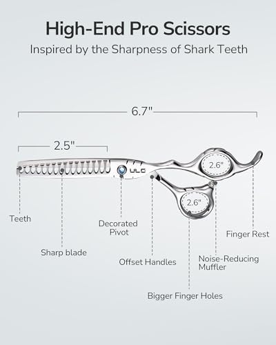 ULG Hair Thinning Scissors 6.7” Shark Series 100% Japanese Stainless Steel, Offset Handle, 16-Tooth Fishbone Chunker 45% Hair Removal, Professional Barber Layering Shears for Salon & Home Hair Styling - Image 2