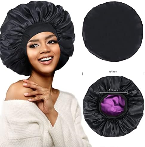 Silk Bonnet for Sleeping Double Layer Satin Bonnet Adjustable Bonnets for Black Women Sleep Cap Reversible Hair Bonnet for Curly Hair (Black and Purple) - Image 4