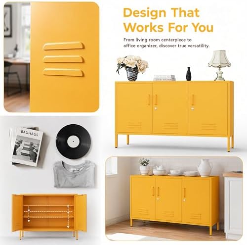 47.5" Wide Yellow Metal Storage Cabinet with Lock and Ventilated Doors, 2 Adjustable Shelves, Heavy Duty Home Metal Accent Locker for Kitchen Office Living Room Hallway - Image 6