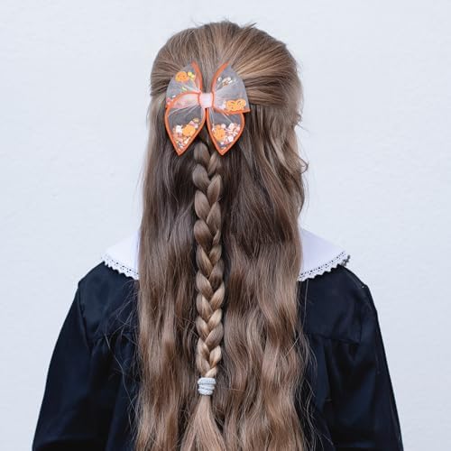 4" Halloween Shaker Bows Hair Clips for Girls Kids Orange Mesh Tulle Fable Hair Bow Ghost Pumpkin Alligator Hairpins Women Teen Toddler Dress Costume Decor Accessory 2pc Gift Set - Image 4