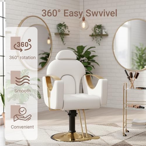 Salon Barber Chair for Hair Stylist, Professional Reclining Hydraulic Styling Chair with Heavy-Duty Pump, All Purpose Hairdresser Chair for Barbershop, Braiding, Shampoo, Spa Equipment, White Gold - Image 6