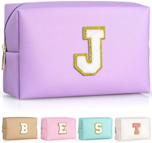 TOPEAST Birthday Gifts for Girls, Travel Makeup Bag Chenille Letter Pouch Cosmetic Bag, Makeup Travel Organizer, Monogrammed Bridesmaid Gifts for Women, Cute Stuff for Girls (Purple J) by TOPEAST