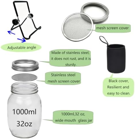 2Pack Sprouting Kit,1000ml Sprouting Jar with Mesh Lids and Stands, Microgreens Sprouts Growing Kit, Broccoli Sprouts Growing Kit Jars with Screen Lids,Blackout Sleeves, Tray - Image 3