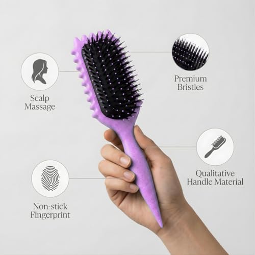 Curl Defining Brush with Hair Clip for Wet Curly Hair, Purple Detangling Curly Hair Brush for Frizz Control & Defined Curls, Bewelio Bounce Curl Brush - Image 3