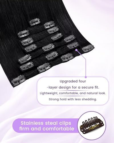 LaaVoo 135g Clip in Hair Extensions Real Human Hair Jet Black - Image 3