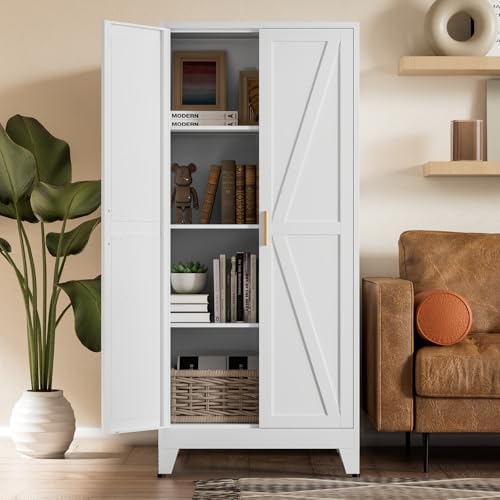 COFaR White Farmhouse Storage Kitchen Pantry Cabinet with 2 Barn Door, 3 Adjustable Shelves and Legs, for Cupboard/Dining Room/Bathroom/Living Room/Office/Laundry Room (White, 61" Farmhouse) by COFAR