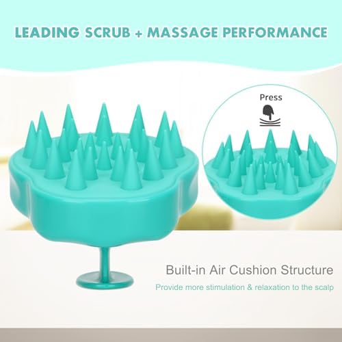 FREATECH Massager Shampoo Brush with Soft Silicone Bristles for Scalp Care, Shower Hair Scalp Scrubber Exfoliator for Dandruff Removal and Hair Growth, Wet & Dry for Men, Women and Kids, Green - Image 4