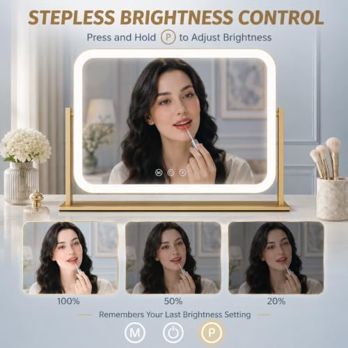 FENNIO Vanity Mirror with Lights 17''x13'' Makeup Mirror with Lights,Vanity Mirror Touch Screen with 3-Color Lighting,Dimmable,for Vanity Desk Tabletop Gold - Image 2