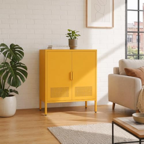 Yellow 2 Door Metal Storage Cabinet, Ventilated Accent Locker with 2 Adjustable Shelves, Freestanding 3 Tier Storage Sideboard Cabinet for Living Room Kitchen Bedroom Entryway Office by HOME
