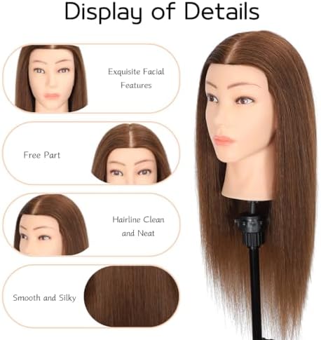 Mannequin Head Human Hair, 100% Real Hair Cosmetology Manikin Head for Practice Braiding Hairstyling Cutting with Free Clamp Holder and Tools (100% Brown) - Image 4
