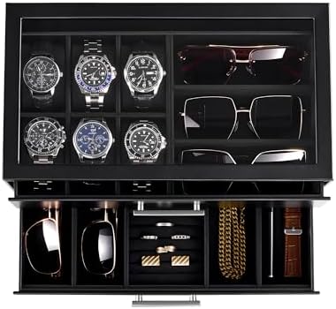 ProCase Watch Case, Mens Jewelry Box for 6 Watch & 5 Sunglasses -Black - Image 3