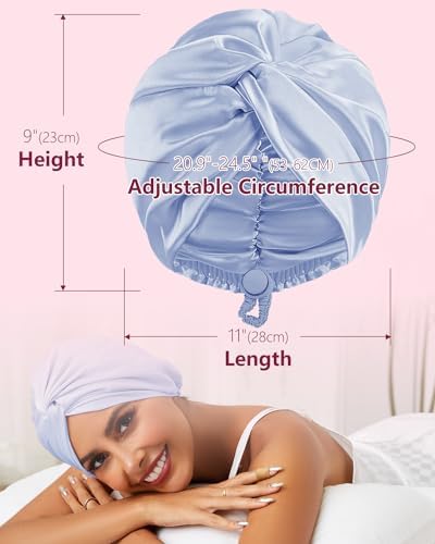 HFRHTGY Adjustable Silk Satin Hair Bonnet for Sleeping, Double Layer Hair Wrap Sleep Cap Turban for Women Men, Curly Straight Braid Unisex (Misty Sky Blue 88) - Image 4