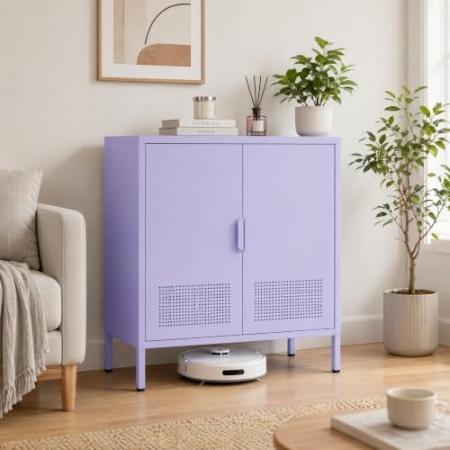 Purple Metal Accent Cabinet, 33" H Industrial 2-Door Steel Sideboard with 2 Adjustable Shelves, Ventilated Freestanding Storage Organizer for Living Room, Bedroom - Image 5