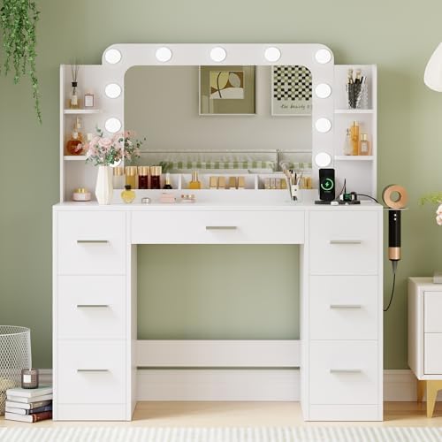 JUMMICO Makeup Vanity Desk with Large Mirror and Lights, Vanity with Power Strip and Hairdryer Holder, 6 Open Shelves and 7 Drawers Modern Dressing Table, for Bedroom (White) - Image 3