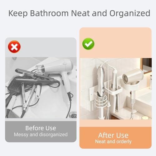 Hair Dryer Holder Wall Mounted Blow Dryer Holder Curling Iron Holder Straightener Holder 3 in 1 Bathroom Metal Hair Tool Organizer Rack（White） - Image 4