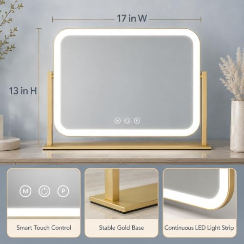 FENNIO Vanity Mirror with Lights 17''x13'' Makeup Mirror with Lights,Vanity Mirror Touch Screen with 3-Color Lighting,Dimmable,for Vanity Desk Tabletop Gold - Image 3