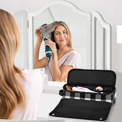 Black White Buffalo Plaid Hair Tools Travel Bag Carrying Case Portable Travel Organizer Pouch with Heat Resistant Mat for Curling Iron Flat Irons Hair Dryer - Image 6