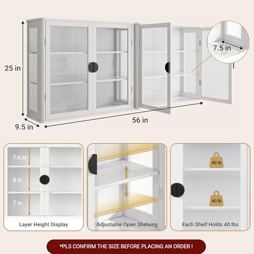FIMELLO 56’’W Wall Cabinet with Tempered Glass Doors, Bathroom Cabinet Wall Mount, Kitchen Wall Cabinet, Floating Cabinet for Bathroom, Wall Mount Salon Station for Barber, Beauty, White - Image 3