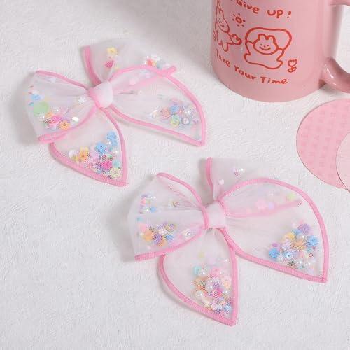 Pink Floral Hair Bow for Girls 4" Flower Mesh Ribbon Fable Bow Hair Clips - Image 2