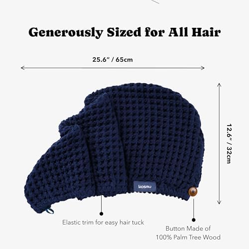 Luxury Organic Japanese Cotton Hair Drying Waffle Towel Wrap for Women | Absorbent, Quick-Dry Head Turban for Shower, Sauna, Spa | Extra Large for Long, Curly, Straight Hair With Button (Blue, 1 Pc) - Image 4