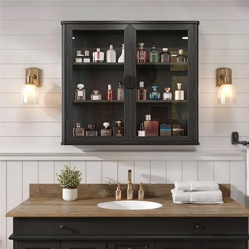 FIMELLO 28’’W Wall Cabinet with Tempered Glass Doors, Bathroom Cabinet Wall Mount, Kitchen Wall Cabinet, Floating Cabinet for Bathroom, Wall Mount Salon Station for Barber, Beauty, Black - Image 4