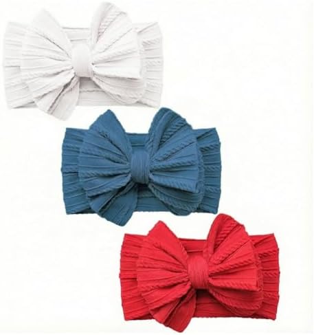 Baby Bows Headbands Red White Blue Soft Nylon Elastic Hairbands Handmade Hair Accessories for Newborn Infant Toddler Girls (3 red white blue, Large) by YWAOAIJD