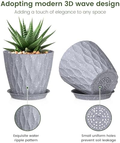 Meowell 5 inch Plant Pots for Indoor Outdoor Plants, 6 Pack Thick Flower Pots with Drainage Holes and Saucers, 3D Modern Wave Texture Small Plastic Planters Nursery Pots, Speckled Grey - Image 3