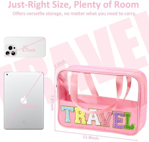 BuyCard Chenille Letter Patch Clear Travel Bags, Preppy PVC&Nylon Makeup Bag with Handle and Zipper, Waterproof Large Clear Travel Toiletry Bag Storage Bag for Women Girls(Pink) - Image 2