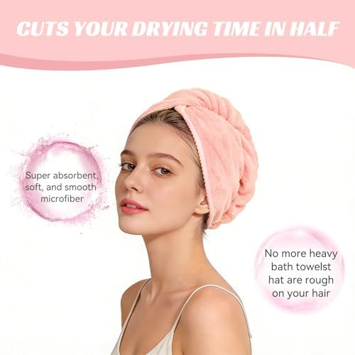 Microfiber Hair Towel Wrap for Women, Soft Lightweight Quick Dry Turban, Drying Hair Towels for Women, Hair Drying Towel with Button for Curly & Long Hair - Pink (Note: This model is ultra-slim.) - Image 5