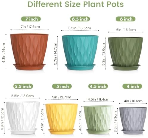 Meowell 7/6.5/6/5.5/5/4.5/4 inch Plant Pots for Indoor Outdoor Plants, 7 Pack Thick Flower Pots with Drainage Holes and Saucers, Modern Wave Texture Small Plastic Planters Nursery Pots, Multicolor - Image 2