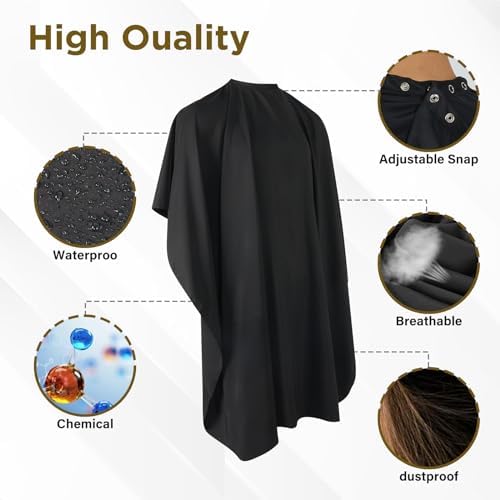 Professional Salon Hair Cutting Cape, Barber Cape for Men/Women, Adjustable Snap Button with Waterproof Hairdressing Salon Cape for Haircut, Coloring, Makeup, Styling(52" x 47"), Black - Image 3